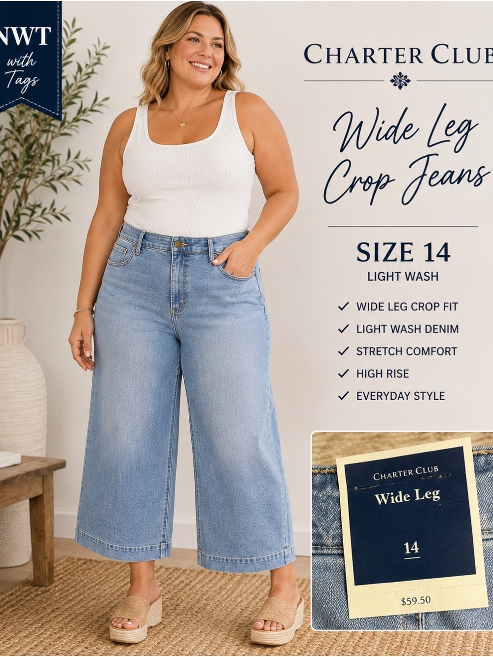 NWT Charter Club Wide Leg Crop Jeans Size 14 Light Wash Cropped Denim